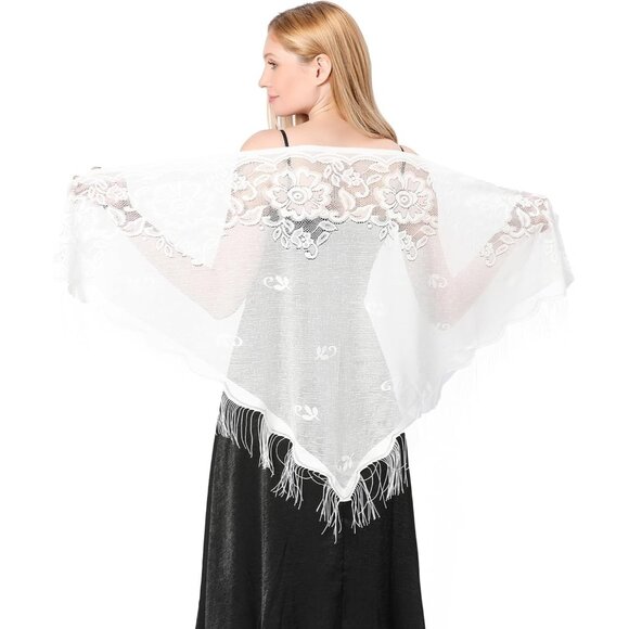 Women White Triangle Shawl Wrap Floral Lightweight Fringe Scarf Evening Dress